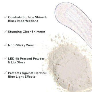 Mirabella Glow Duo Gift Set lip gloss and powder swatches up close on white background alongside key callouts for both makeup products.
